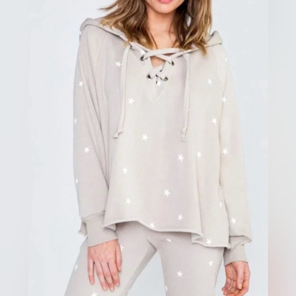 Wildfox Football Star Hutton Taupe White Lace Up Boho Cotton Hoodie Sweatshirt L
